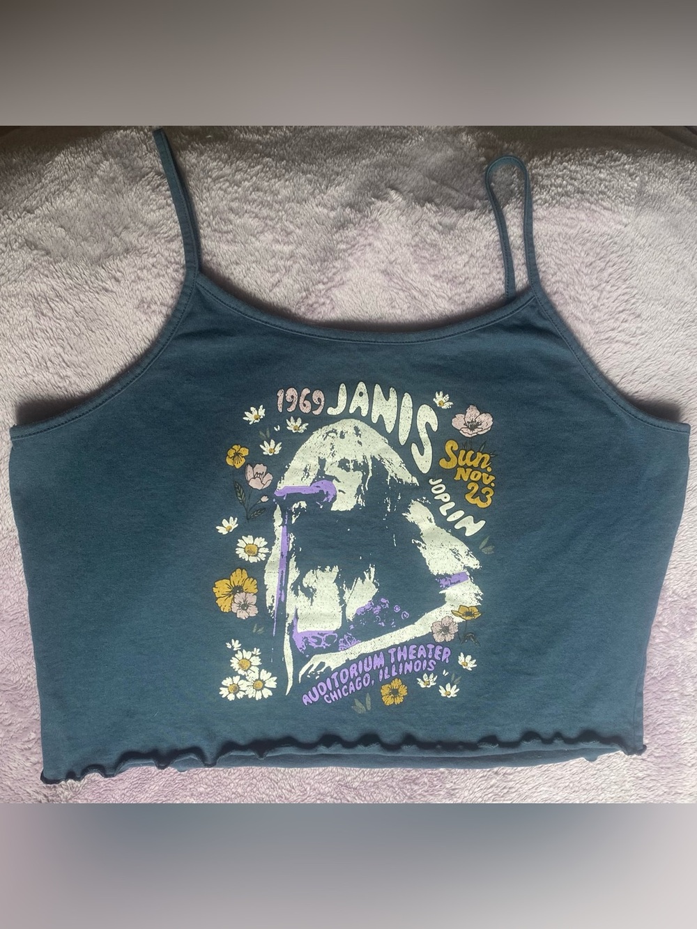 Janis Joplin Graphic Crop Tank Top Teal Lettuce Hem Y2K Boho